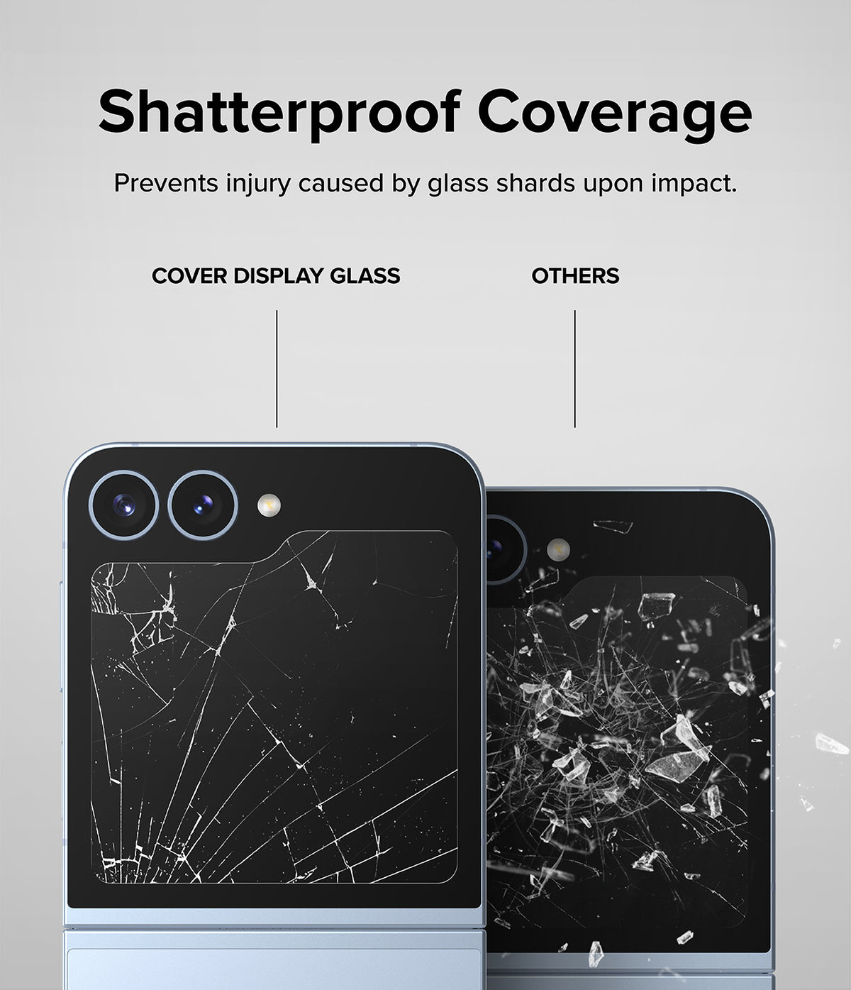 Galaxy Z Flip 7 FE | 3-in-1 Protector - Comparison showing shatterproof display glass versus standard glass shattering.