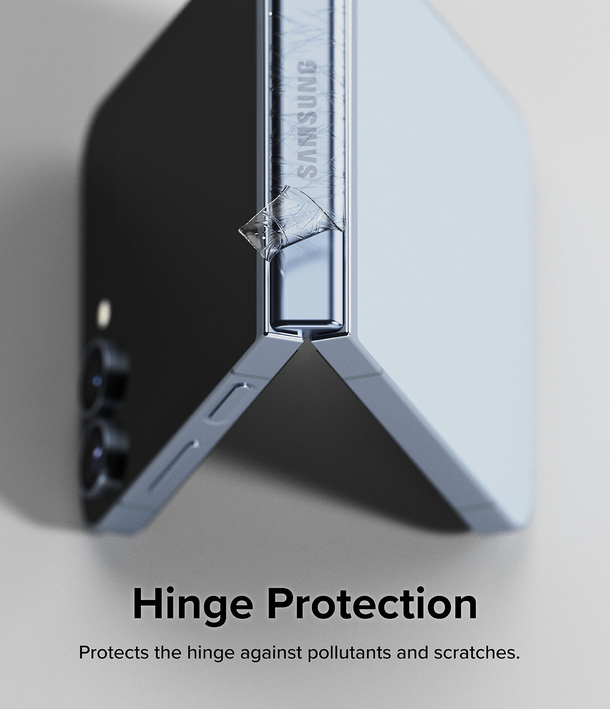 Galaxy Z Flip 7 FE | 3-in-1 Protector - A protective film being applied to the hinge of a partially folded Samsung phone.