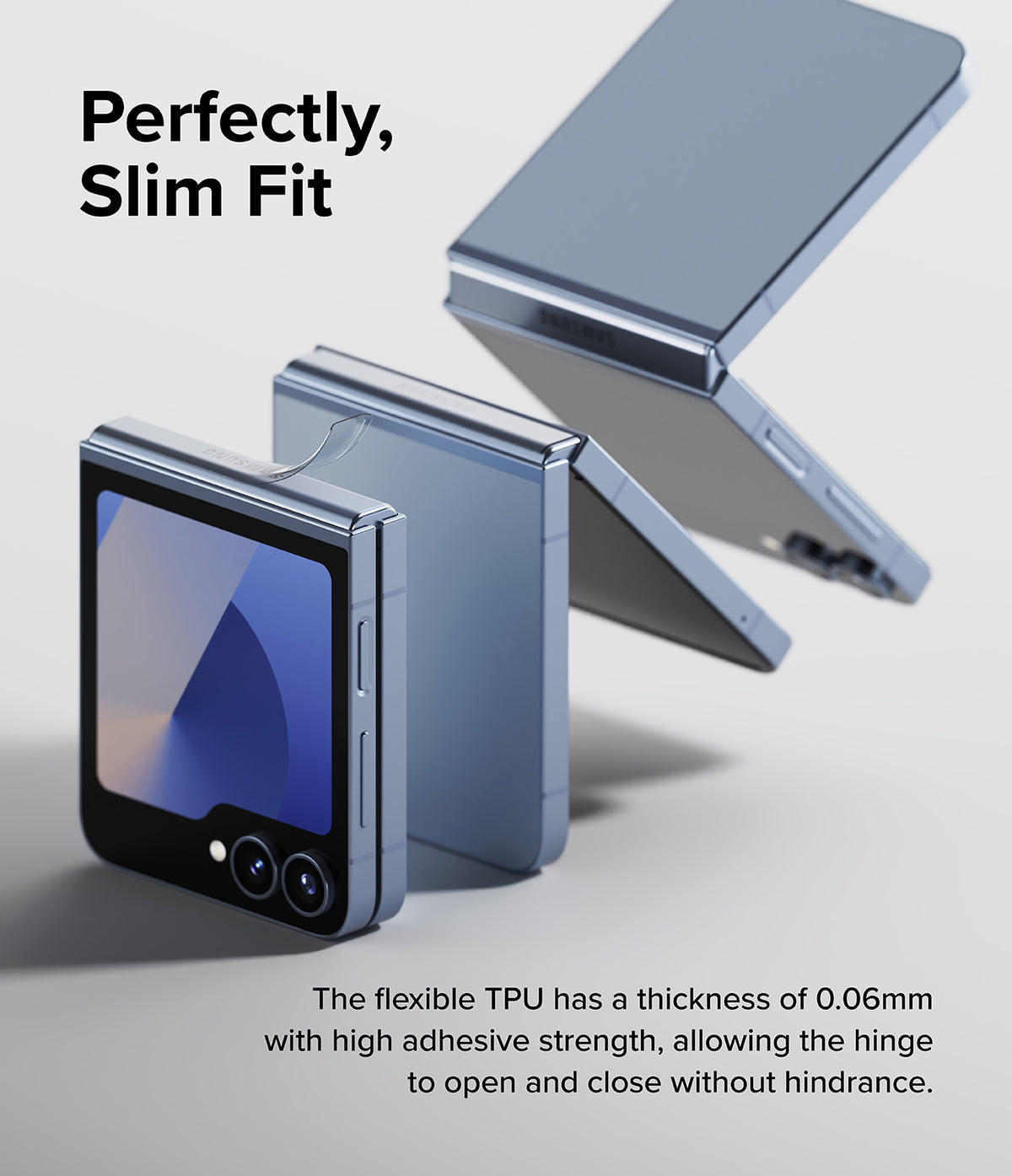 Galaxy Z Flip 7 FE | 3-in-1 Protector - Exploded view of a blue foldable phone showing a thin, flexible hinge protector.