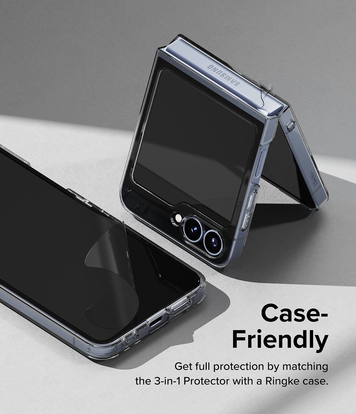 Galaxy Z Flip 7 FE | 3-in-1 Protector - A partially folded blue phone with a clear protective film being applied.