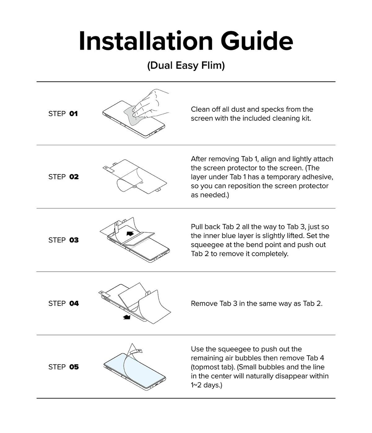 Galaxy Z Flip 7 FE | 3-in-1 Protector - Five-step illustrated guide showing how to apply a screen protector to a phone.