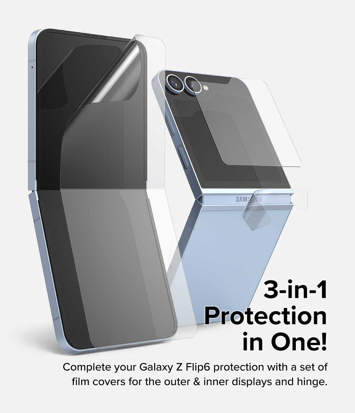 Galaxy Z Flip 6 | 3-in-1 Protector - Protective film layers being applied to the inner screen, outer display, and hinge.