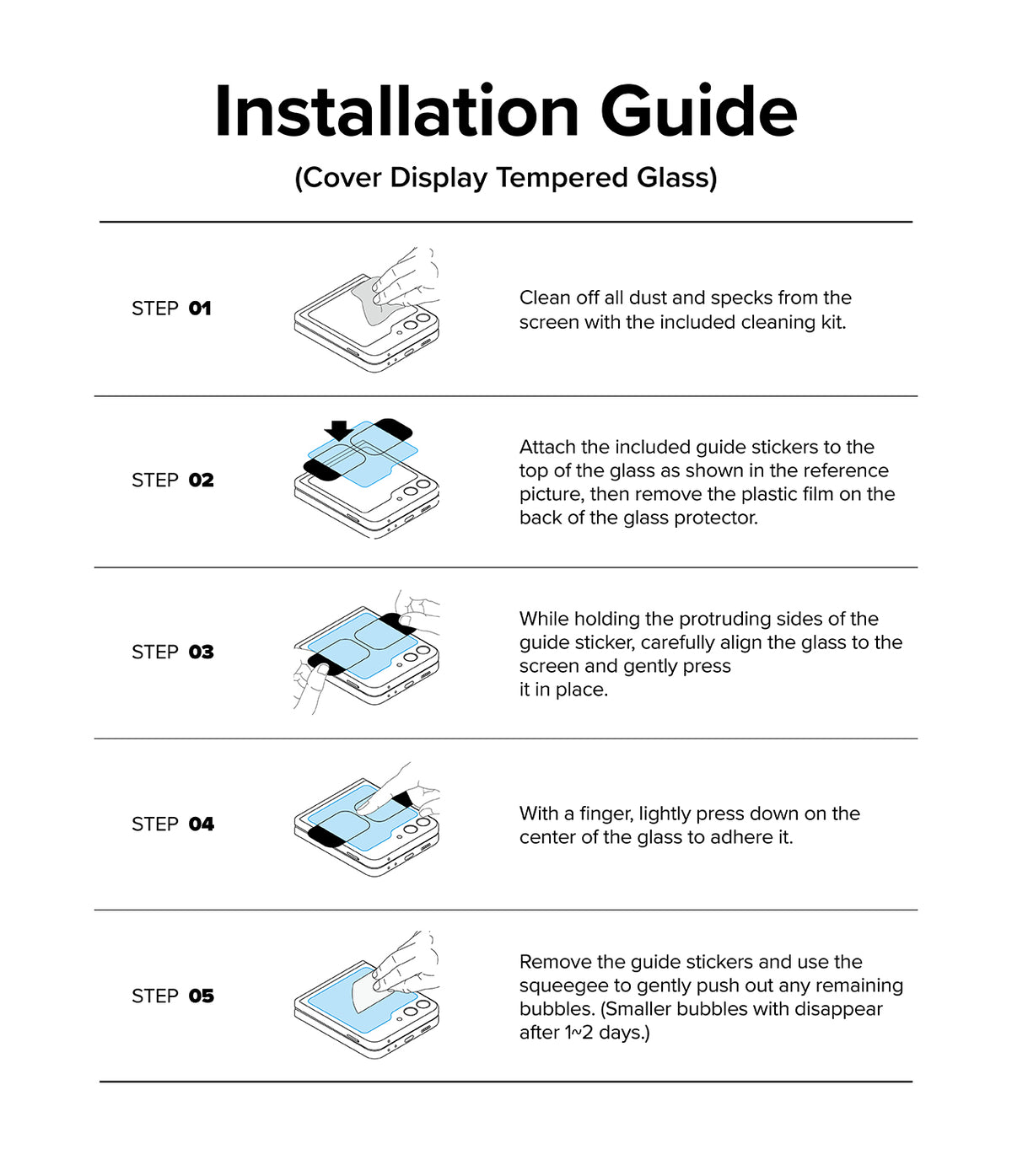 Galaxy Z Flip 7 FE | 3-in-1 Protector - Five-step illustrated guide for installing a tempered glass screen protector.