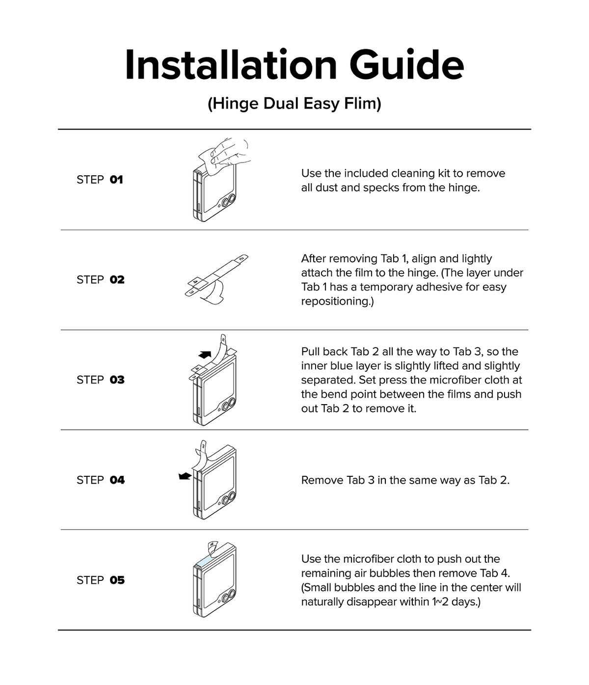 Galaxy Z Flip 7 FE | 3-in-1 Protector - Five-step illustrated guide showing how to apply a hinge film to a foldable phone.