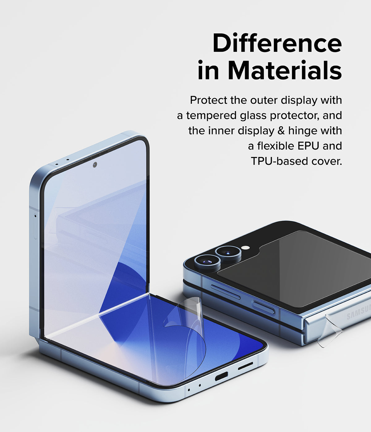 Galaxy Z Flip 6 | 3-in-1 Protector - Exploded view of screen protectors for the inner display, outer screen, and hinge.