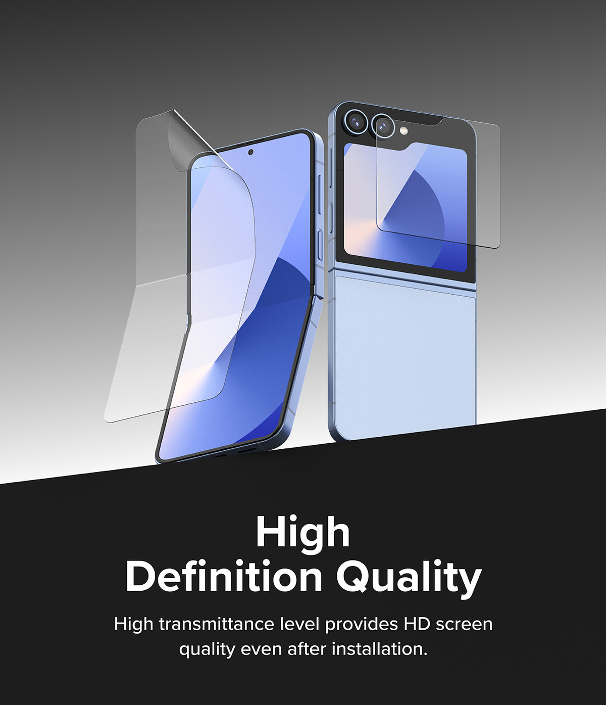 Galaxy Z Flip 7 FE | 3-in-1 Protector - Foldable phone with clear screen and camera protectors being applied.
