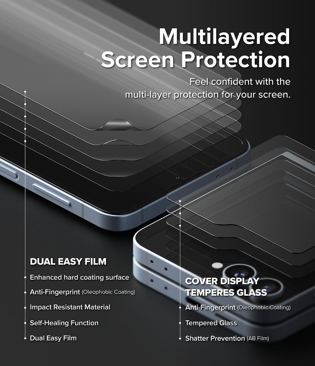 Galaxy Z Flip 7 FE | 3-in-1 Protector - Exploded view of phone screen and cover display with layered protective films.