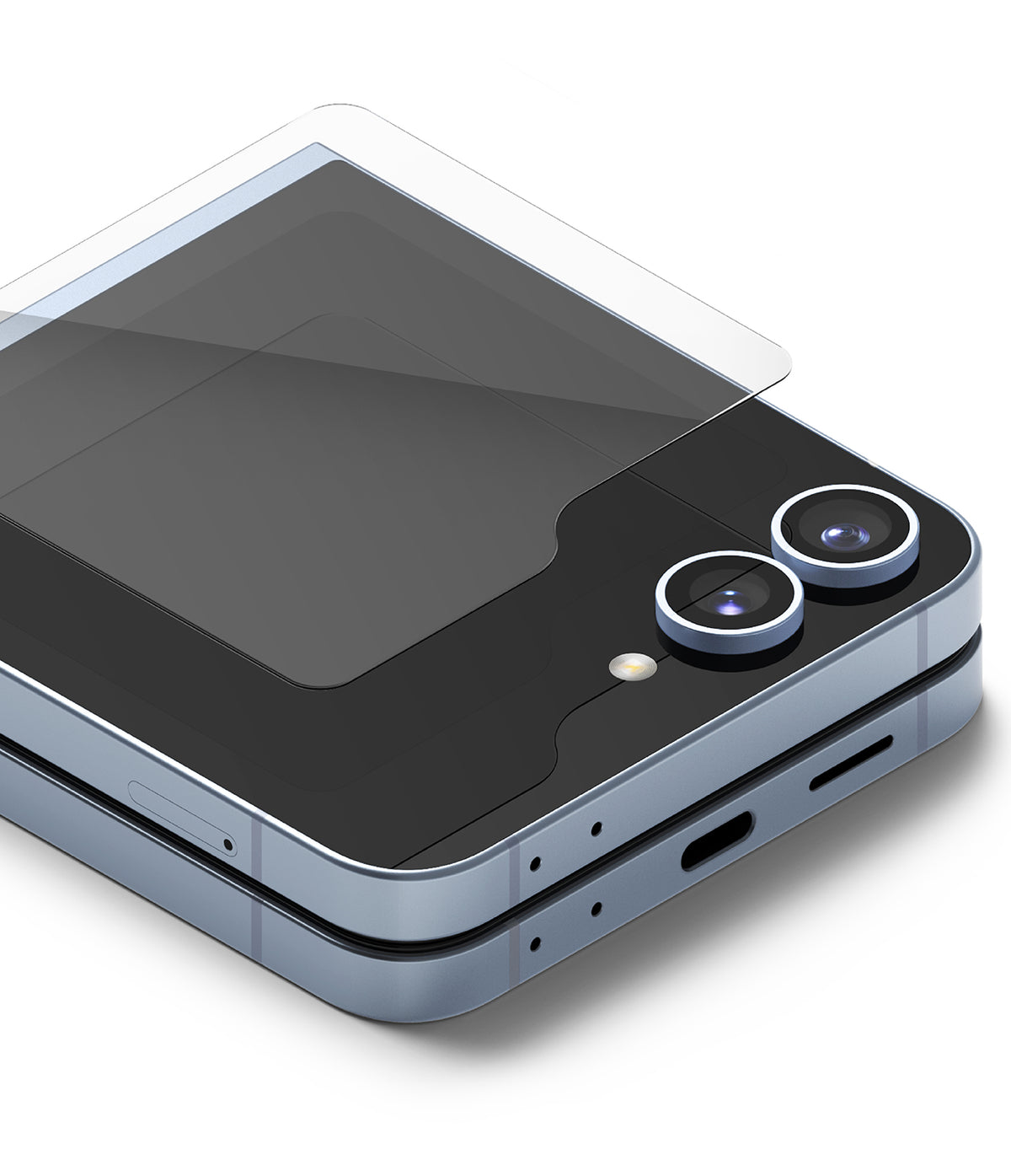 Galaxy Z Flip 6 Screen Protector | Cover Display Glass (2 Pack) - Galaxy Z Flip 6 Screen Protector - Tempered glass being applied to the cover display of a folded Galaxy Z Flip 6 phone.