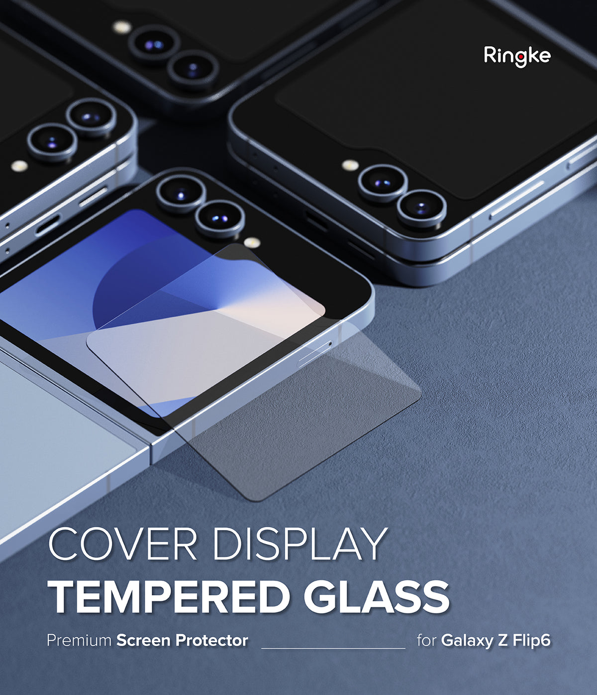 Galaxy Z Flip 6 Screen Protector | Cover Display Glass (2 Pack) - Galaxy Z Flip 6 Screen Protector - Tempered glass film being applied to the cover display of a blue Galaxy Z Flip 6.