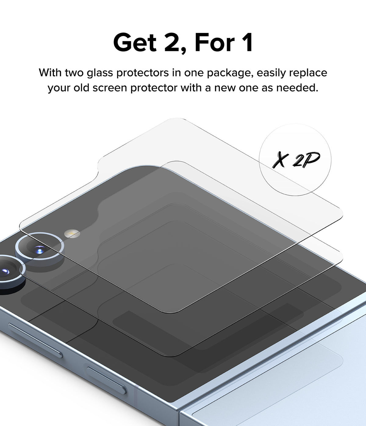 Galaxy Z Flip 7 FE Screen Protector | Cover Display Glass (2 Pack) - Two transparent glass screen protectors hovering above a foldable phone cover.