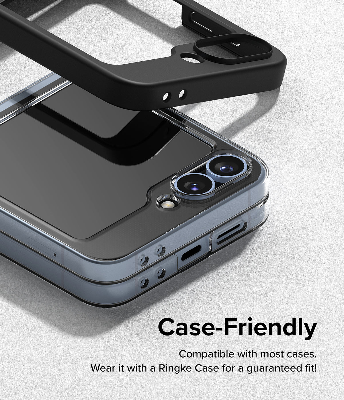 Galaxy Z Flip 7 FE Screen Protector | Cover Display Glass (2 Pack) - A black phone case hovering above a Galaxy Z Flip phone with a glass screen protector.
