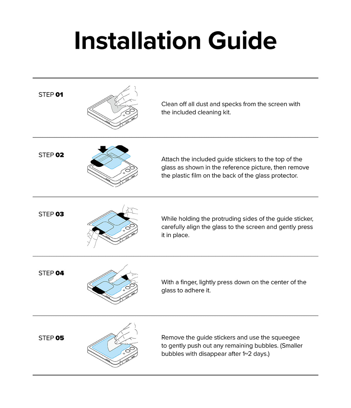 Galaxy Z Flip 7 FE Screen Protector | Cover Display Glass (2 Pack) - Five-step illustrated guide for installing a foldable phone screen protector.
