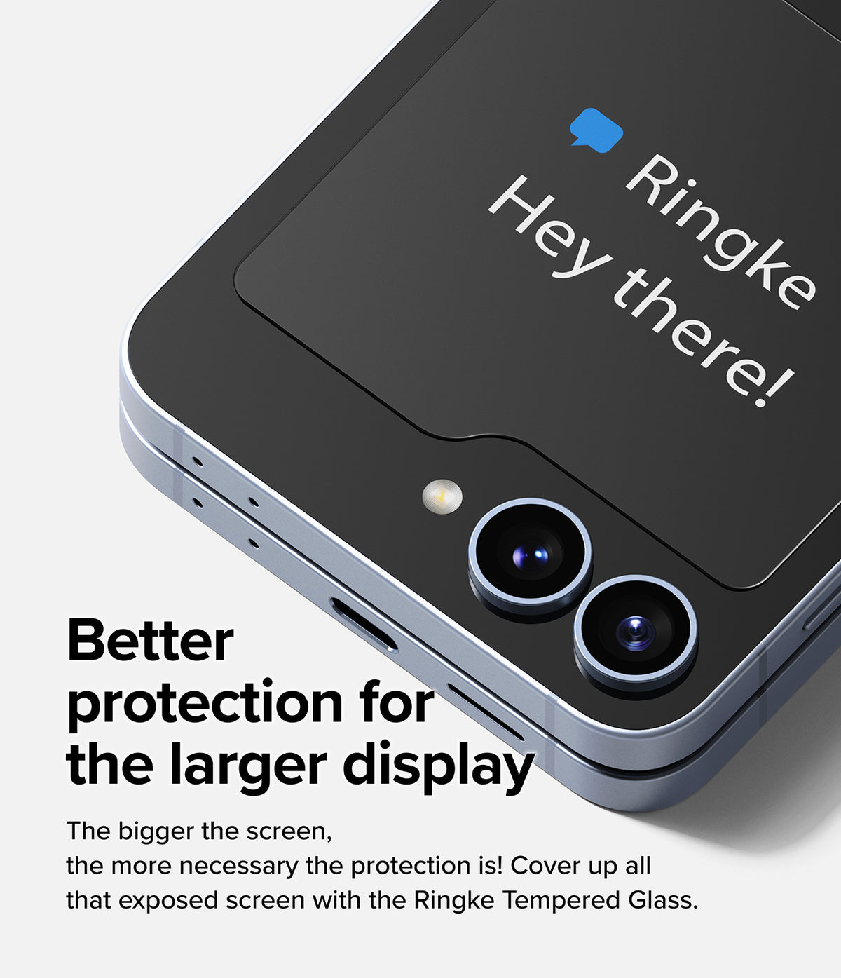 Galaxy Z Flip 7 FE Screen Protector | Cover Display Glass (2 Pack) - Close-up of a foldable phone with a glass screen protector on the cover display.