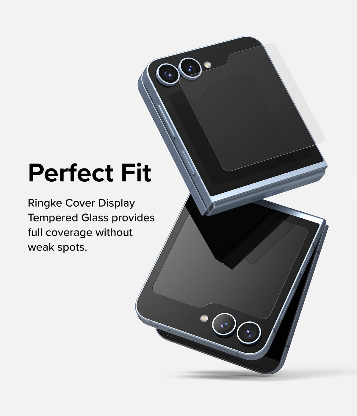 Galaxy Z Flip 7 FE Screen Protector | Cover Display Glass (2 Pack) - Two folded phones with a clear tempered glass screen protector being applied.