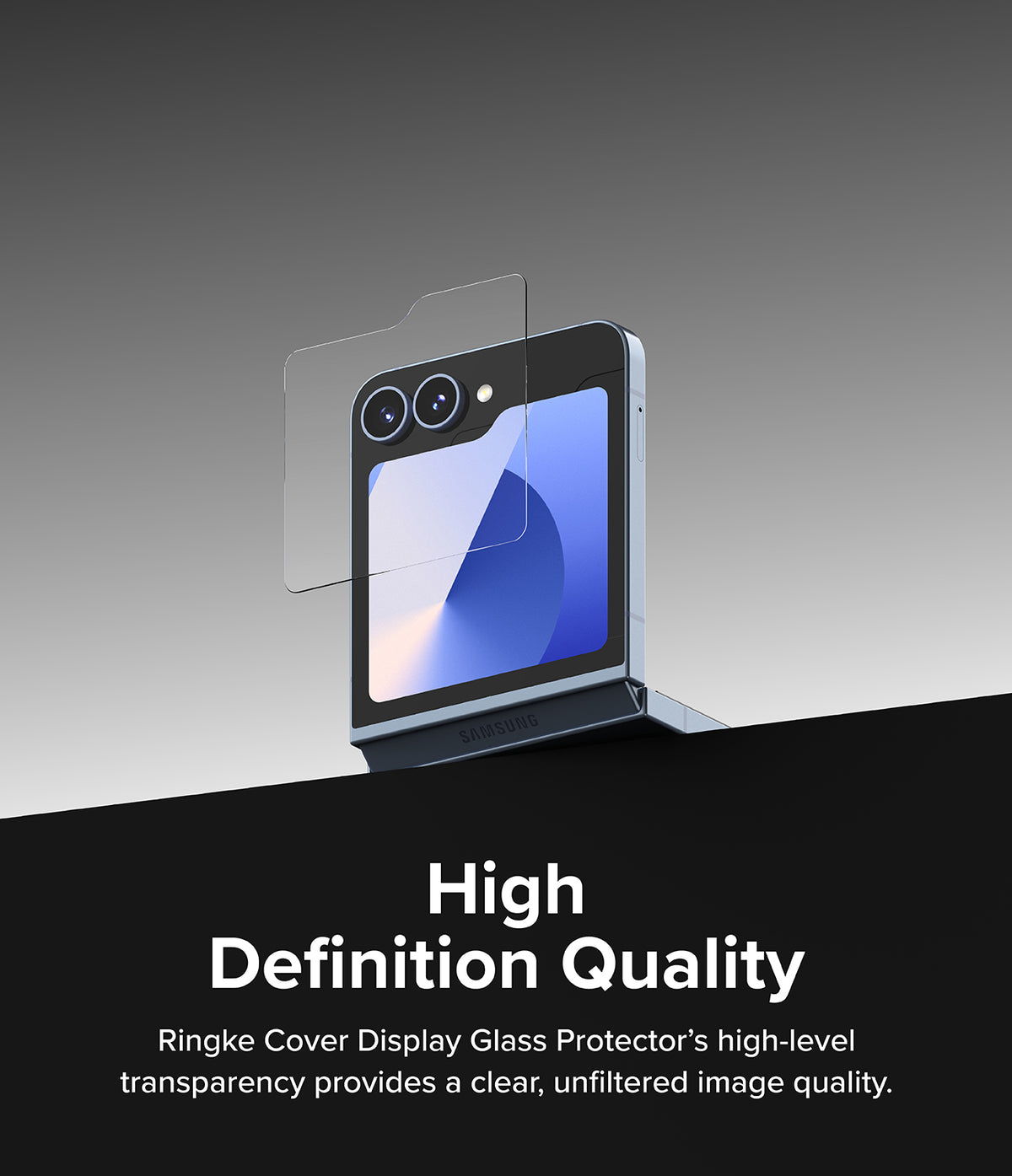 Galaxy Z Flip 7 FE Screen Protector | Cover Display Glass (2 Pack) - Transparent glass protector hovering above a folded Galaxy Z Flip smartphone.