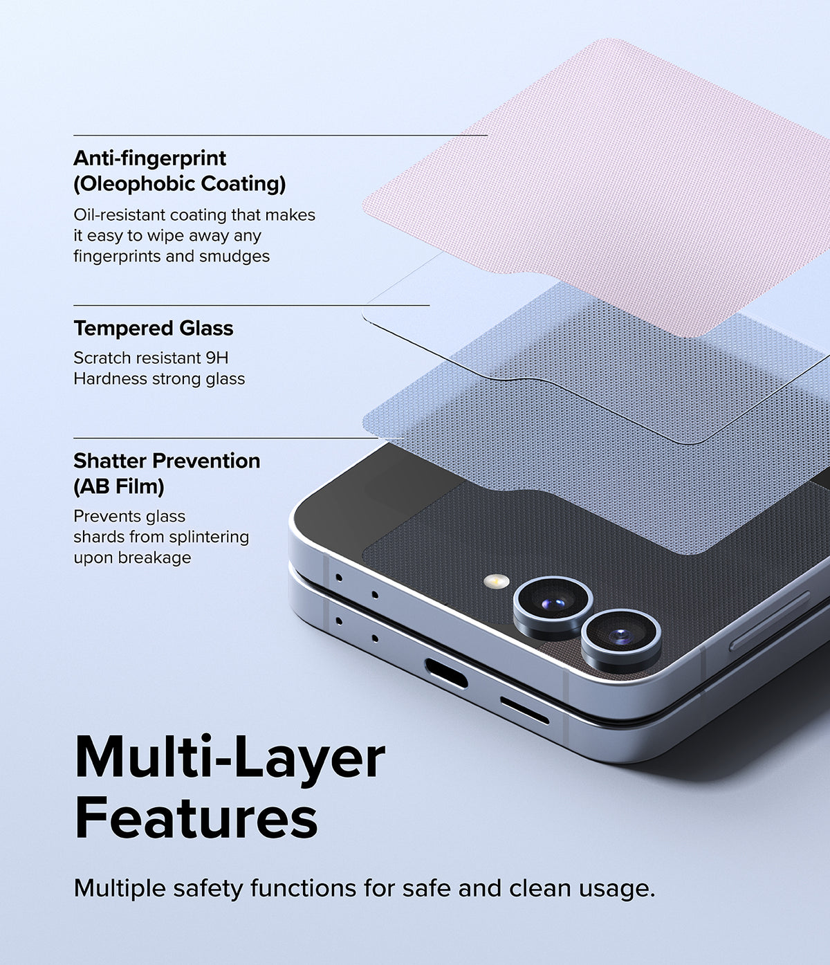 Galaxy Z Flip 7 FE Screen Protector | Cover Display Glass (2 Pack) - Exploded view showing three protective layers above a folded smartphone display.