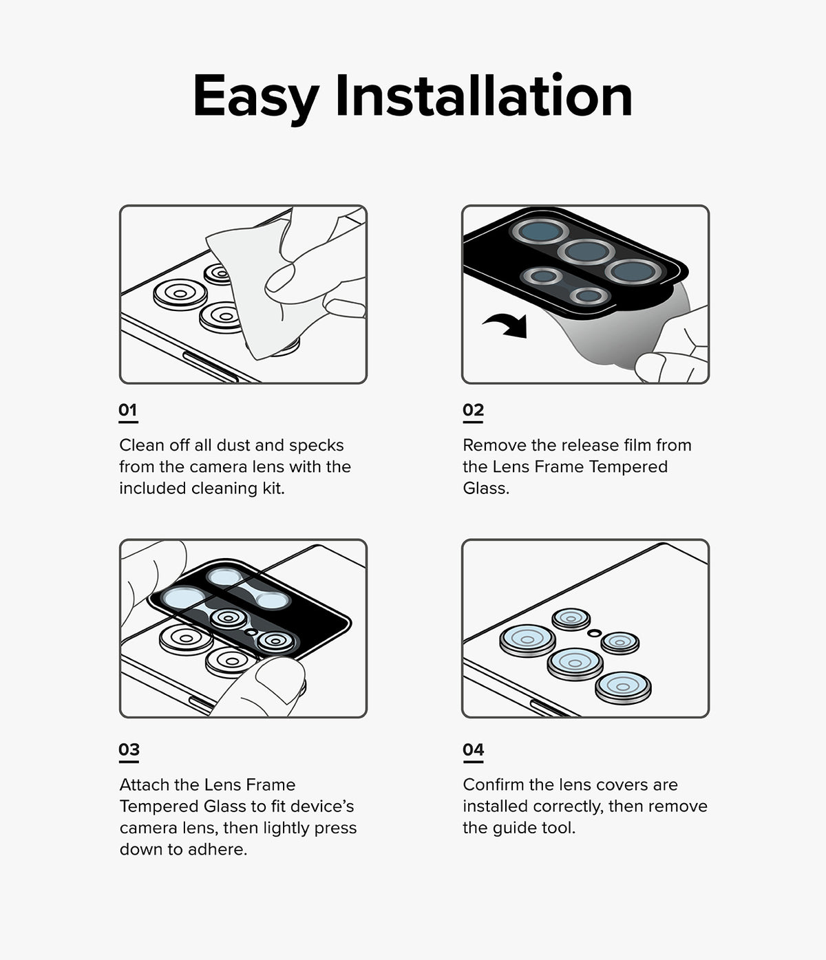 Galaxy Z Flip 7 FE | Camera Lens Frame Glass (2 Pack) - Four-step infographic showing how to clean, peel, align, and install camera lens glass protectors.