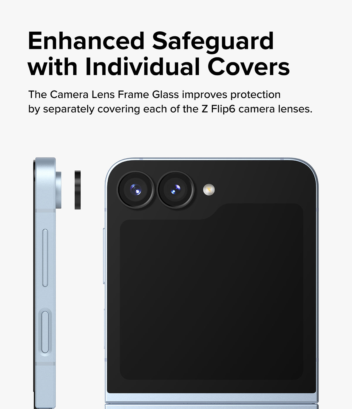 Galaxy Z Flip 7 FE | Camera Lens Frame Glass (2 Pack) - Side and back view of a phone showing individual glass covers being applied to camera lenses.