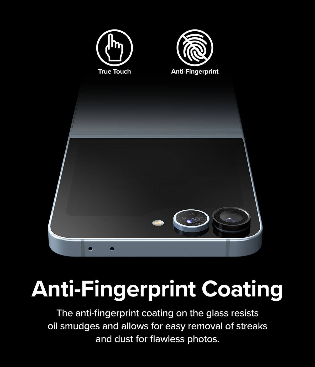 Galaxy Z Flip 7 FE | Camera Lens Frame Glass (2 Pack) - Close-up of phone camera lens protectors highlighting anti-fingerprint and touch sensitivity features.