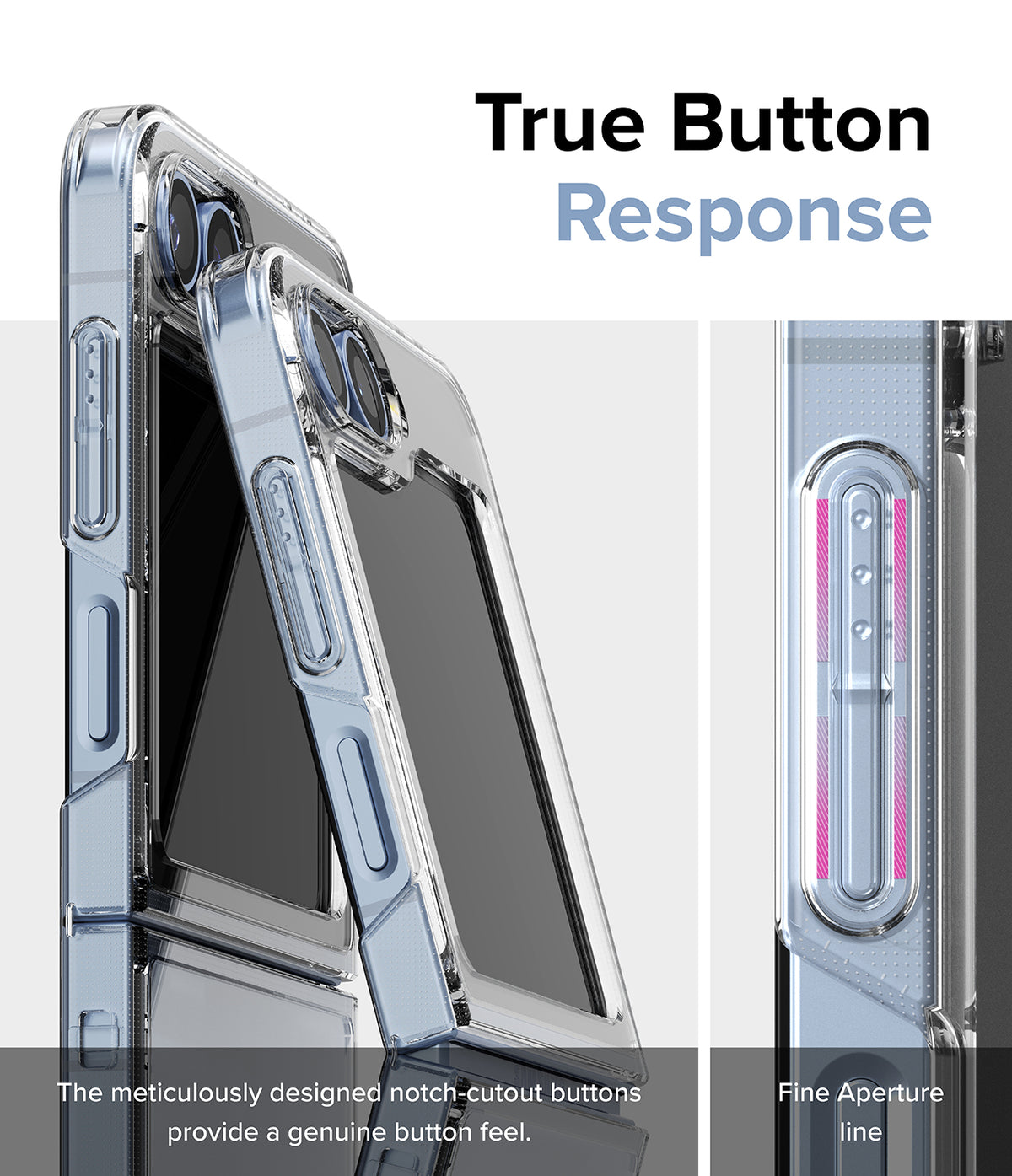 Galaxy Z Flip 7 FE Case | Fusion - Clear phone case showing detailed button cutouts and responsive tactile design.
