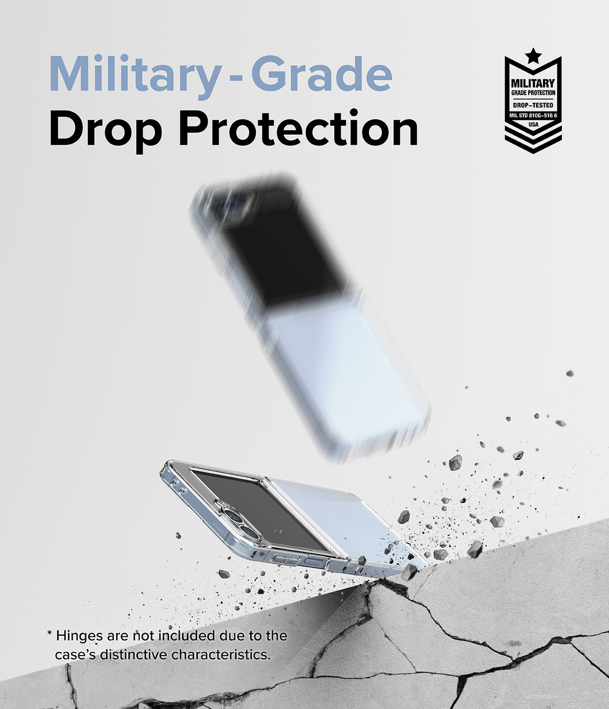 Galaxy Z Flip 7 FE Case | Fusion - A clear phone case falling onto a cracked surface with military-grade drop protection text.
