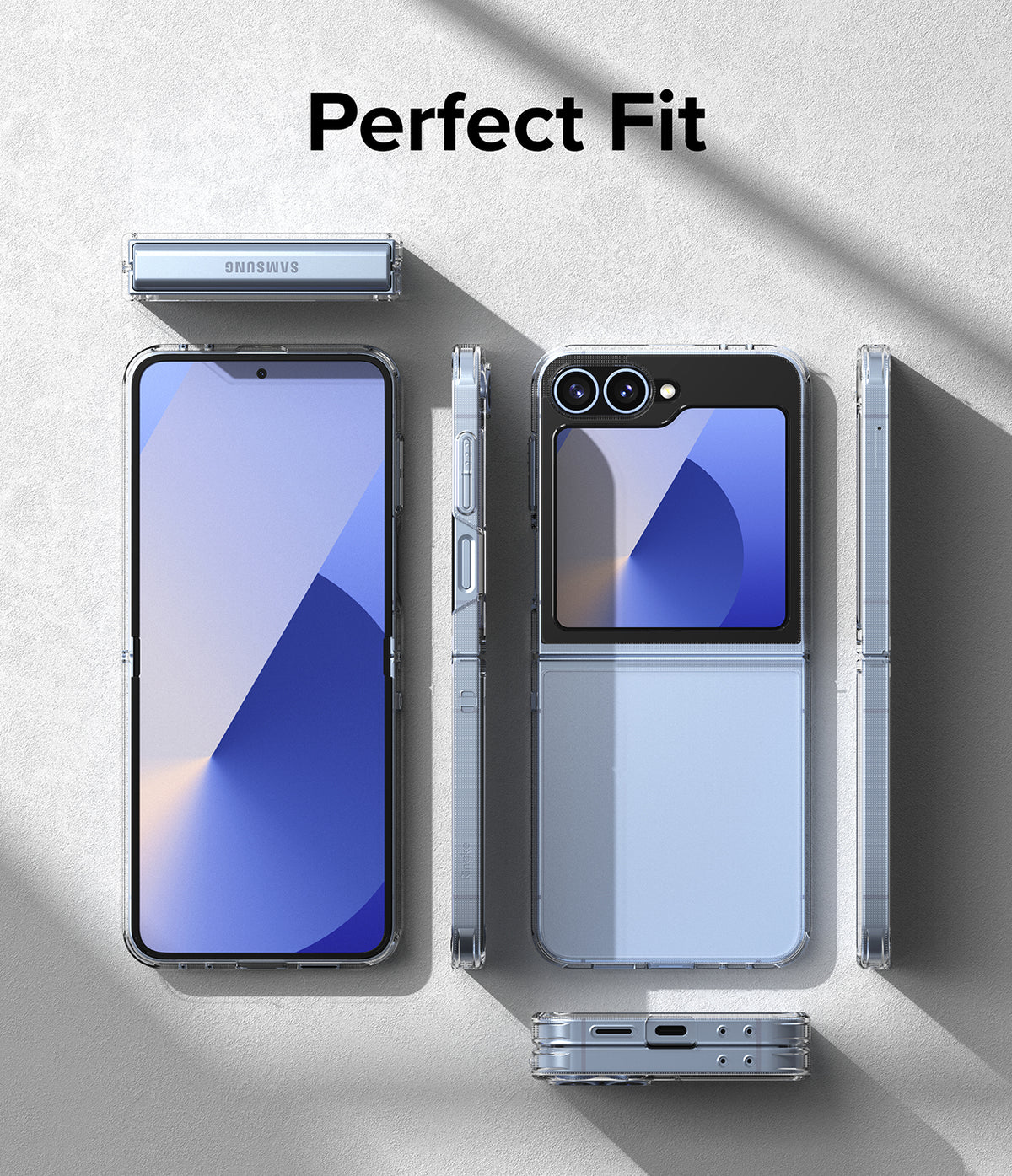 Galaxy Z Flip 7 FE Case | Fusion - Clear phone case shown from multiple angles on a light gray background with Perfect Fit text.