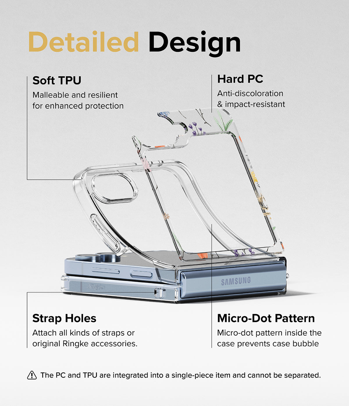 Galaxy Z Flip 7 FE Case | Fusion Design - Exploded view of a floral phone case highlighting TPU, PC, and strap features.