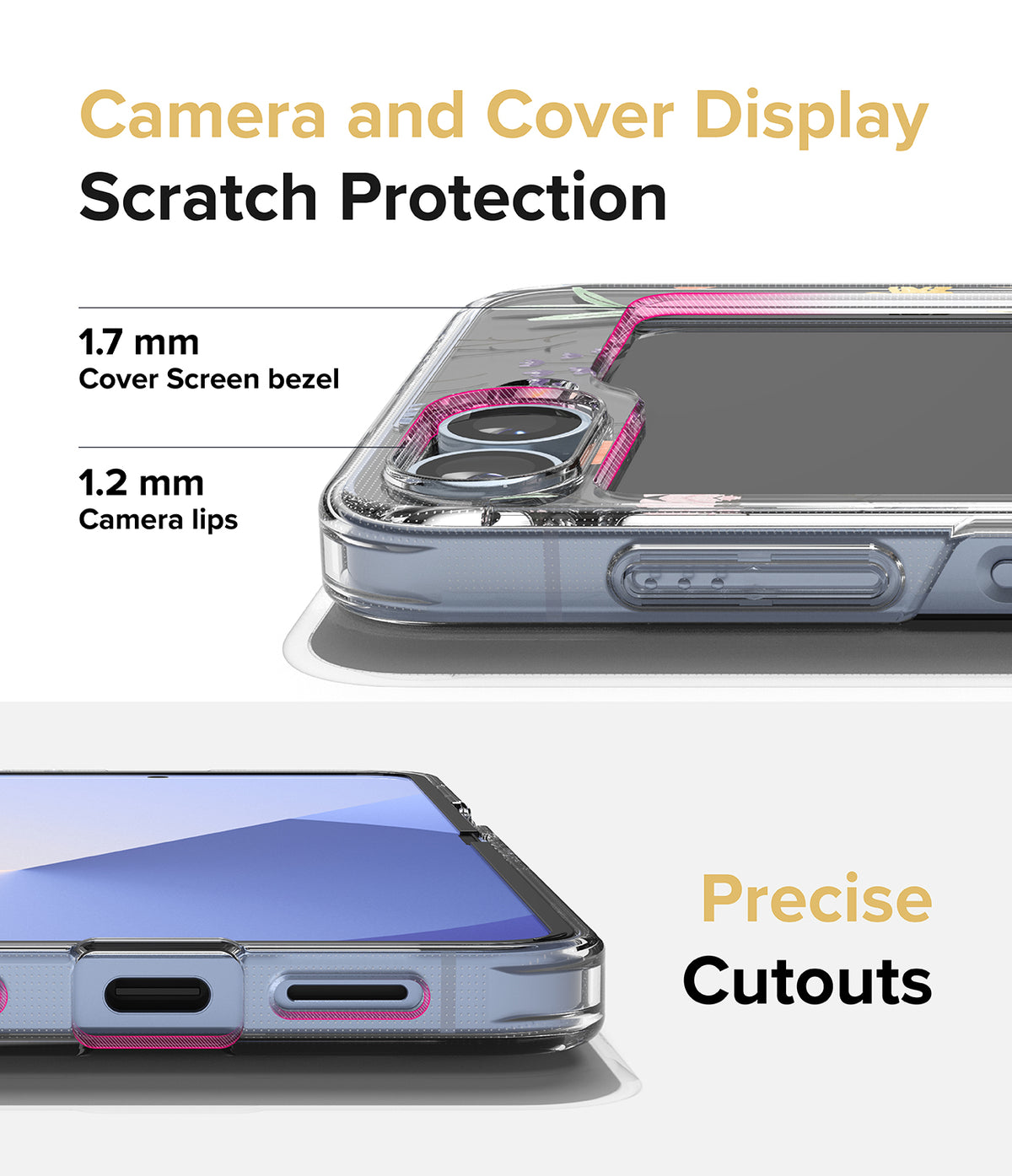 Galaxy Z Flip 7 FE Case | Fusion Design - Close-up of phone case showing raised camera and screen bezels and precise port cutouts.