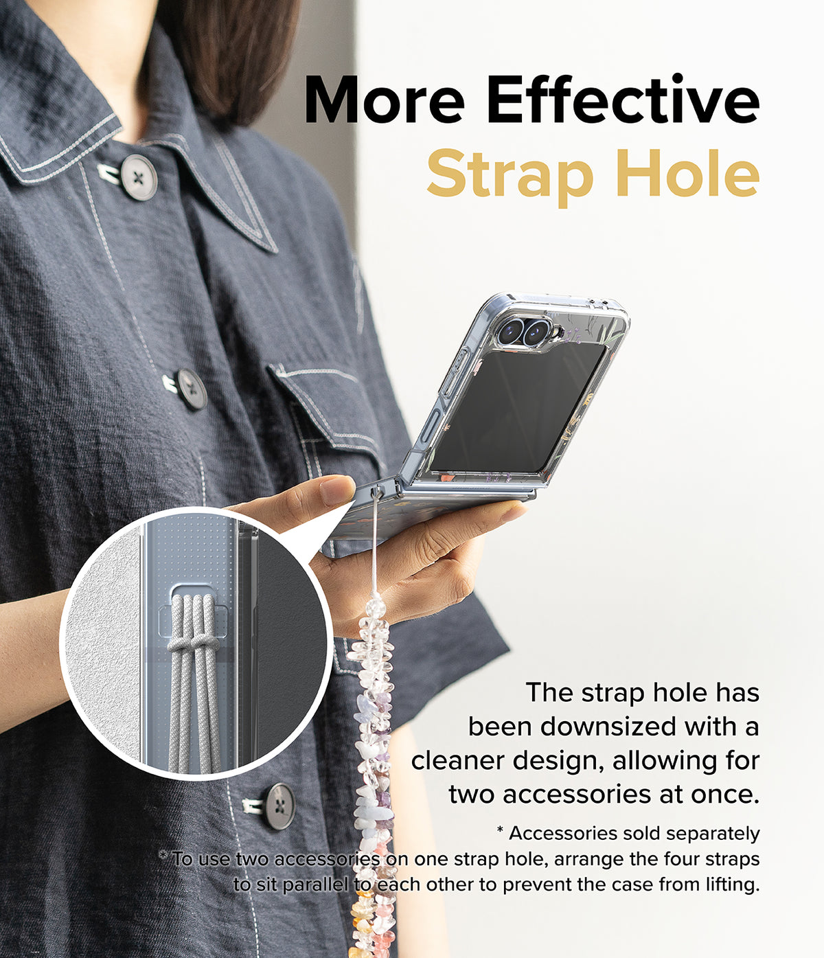 Galaxy Z Flip 7 FE Case | Fusion Design - A person holding a phone with a strap hole detail showing two cords attached.
