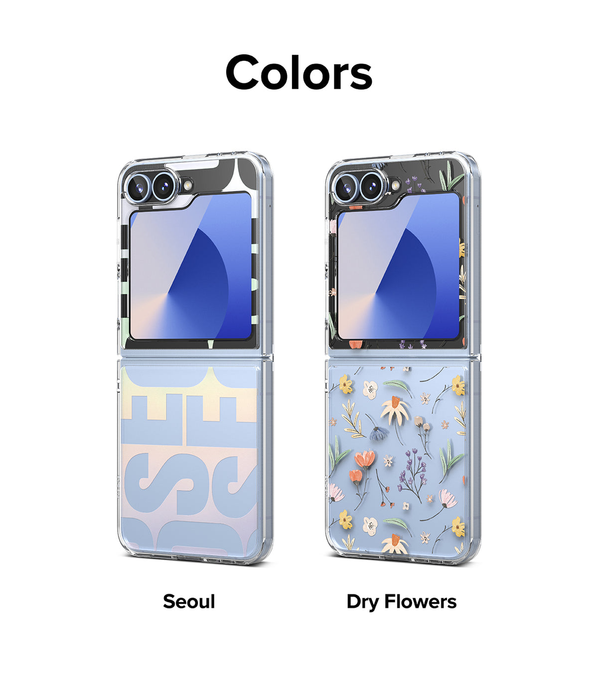 Galaxy Z Flip 7 FE Case | Fusion Design - Two Galaxy Z Flip phones with Seoul and Dry Flowers patterned cases.