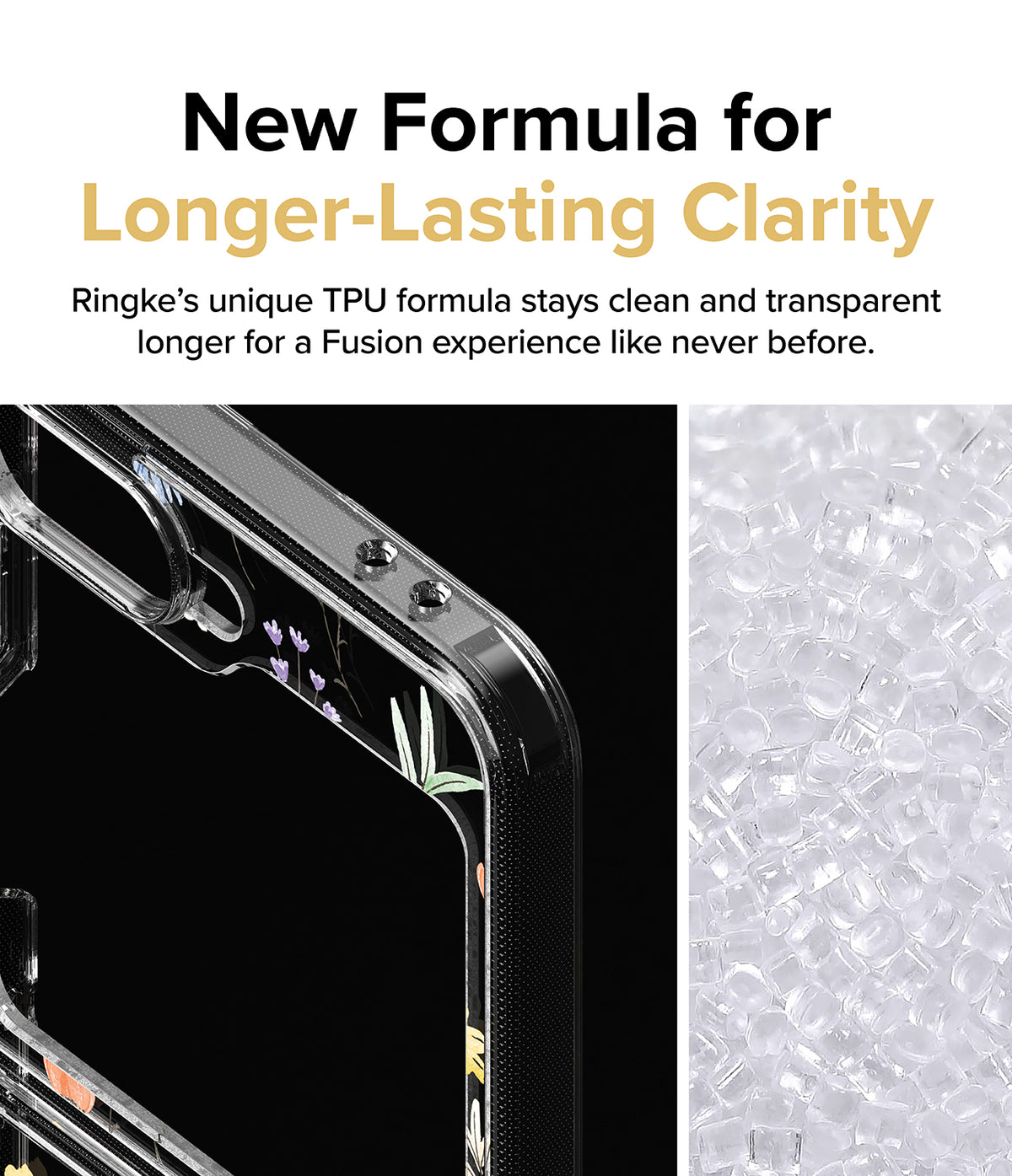 Galaxy Z Flip 7 FE Case | Fusion Design - Clear phone case corner with floral print next to a pile of transparent TPU pellets.