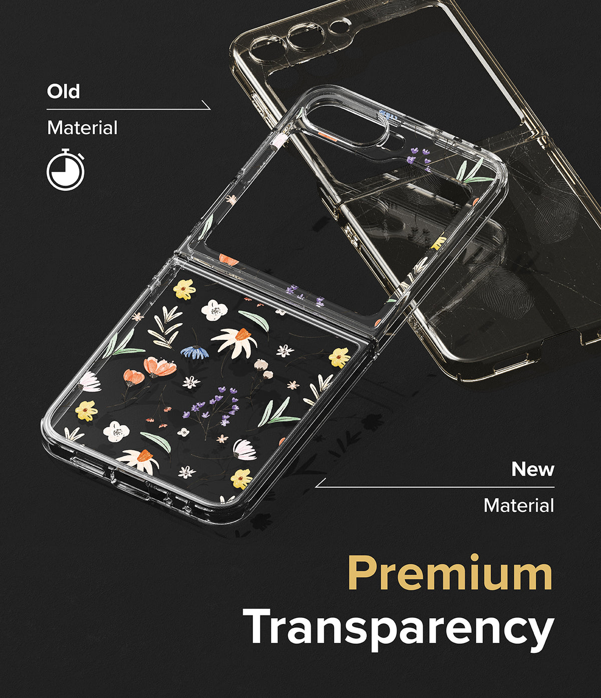 Galaxy Z Flip 7 FE Case | Fusion Design - Comparison of old yellowed phone case vs new clear floral case.