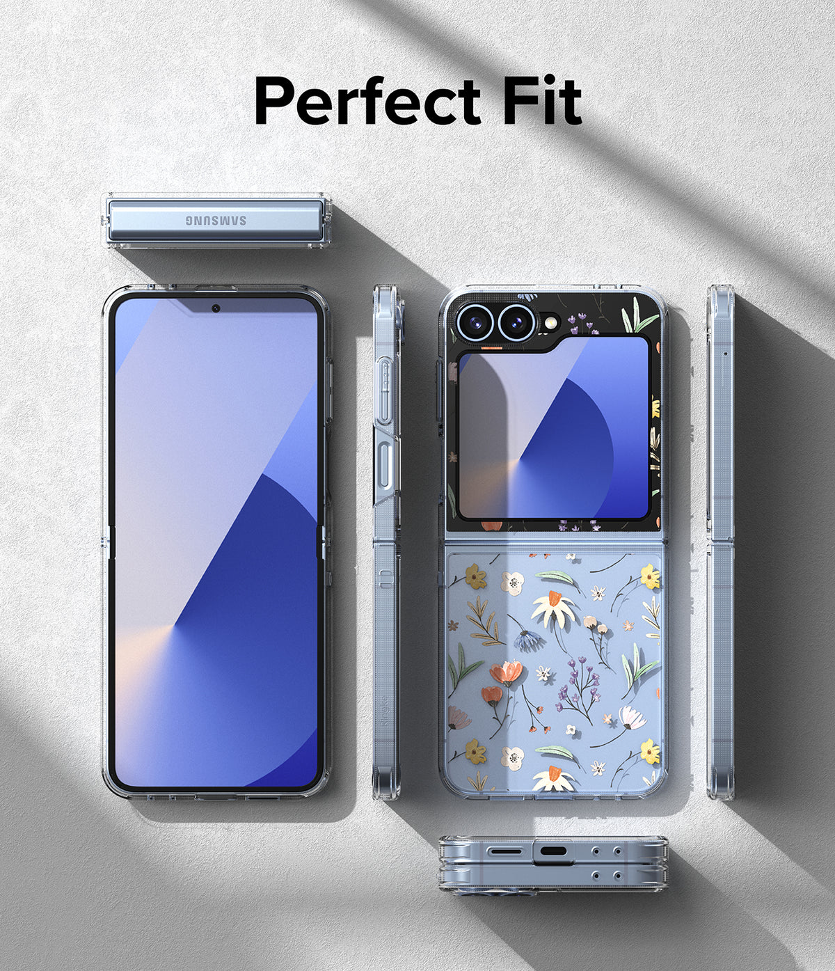 Galaxy Z Flip 7 FE Case | Fusion Design - Clear floral phone case on a Galaxy Z Flip showing front, back, and side views.