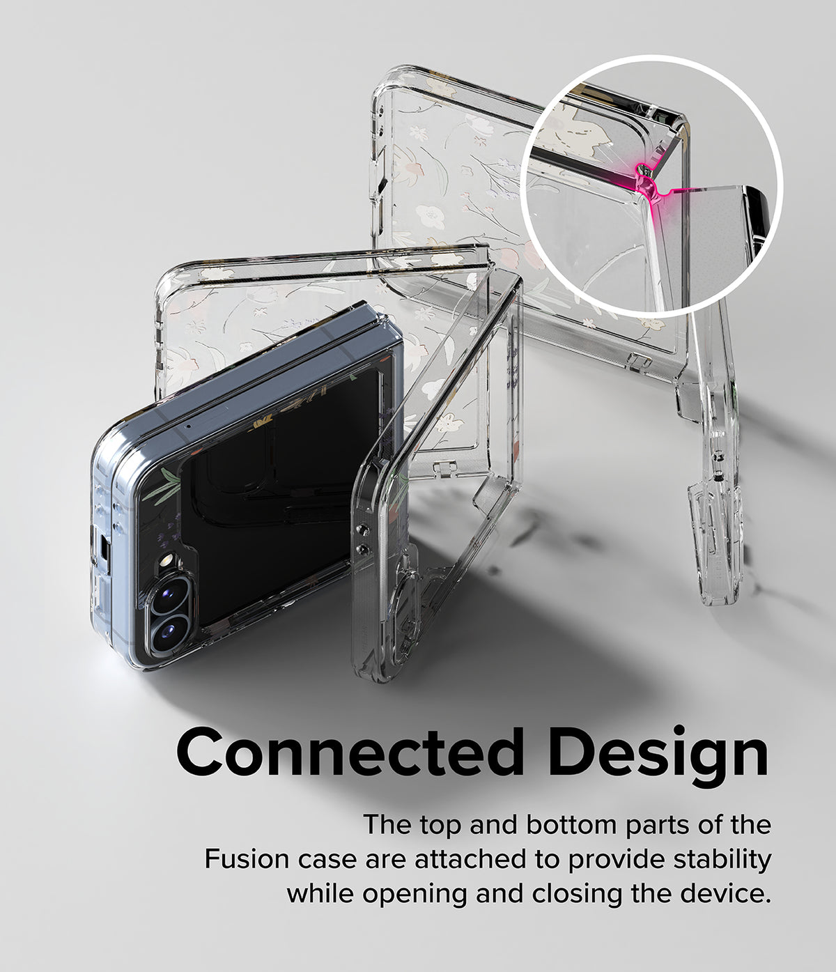 Galaxy Z Flip 7 FE Case | Fusion Design - Clear floral phone case with a connected hinge design shown in a close-up.