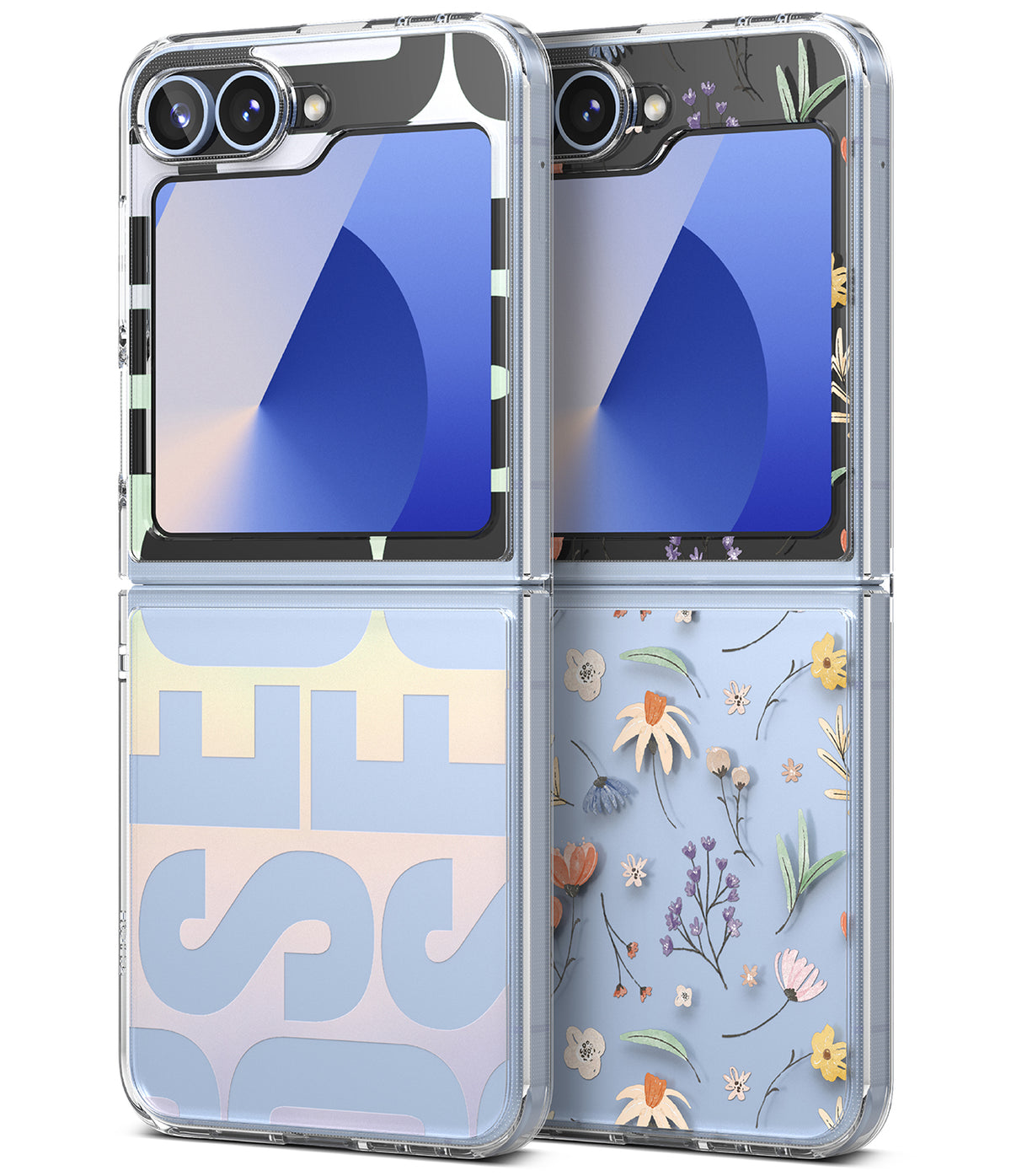 Galaxy Z Flip 6 Case | Fusion Design - Two clear phone cases featuring bold typography and floral patterns on a light blue background.