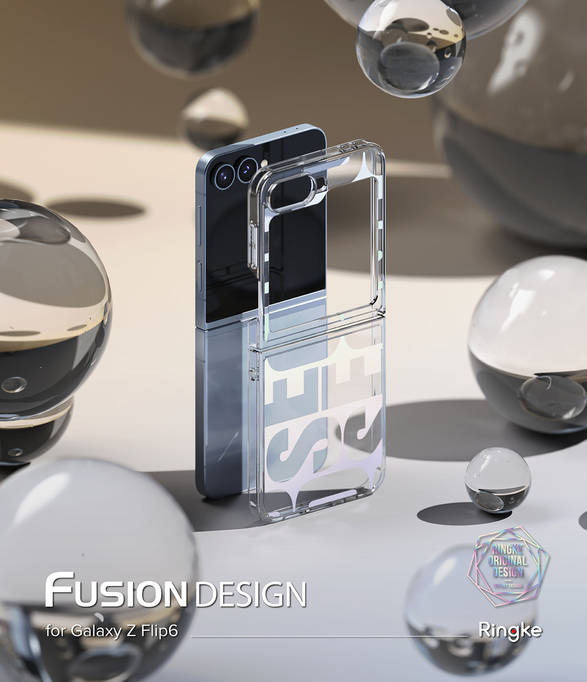 Galaxy Z Flip 6 Case | Fusion Design - Clear phone case with holographic lettering standing beside a blue Galaxy Z Flip 6 among glass spheres.