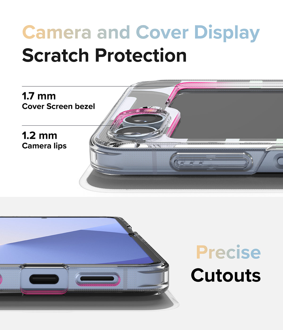 Galaxy Z Flip 7 FE Case | Fusion Design - Clear phone case showing raised camera lips, screen bezels, and precise port cutouts.