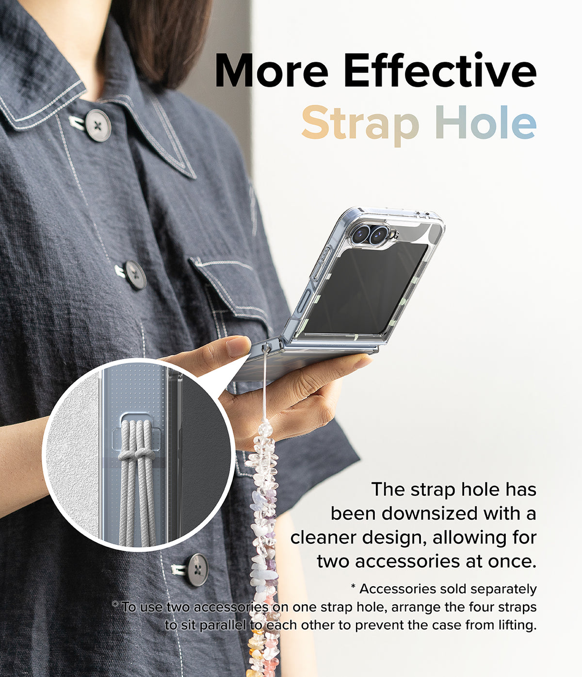 Galaxy Z Flip 7 FE Case | Fusion Design - Person holding a phone with a clear case featuring a dual-strap hole accessory.
