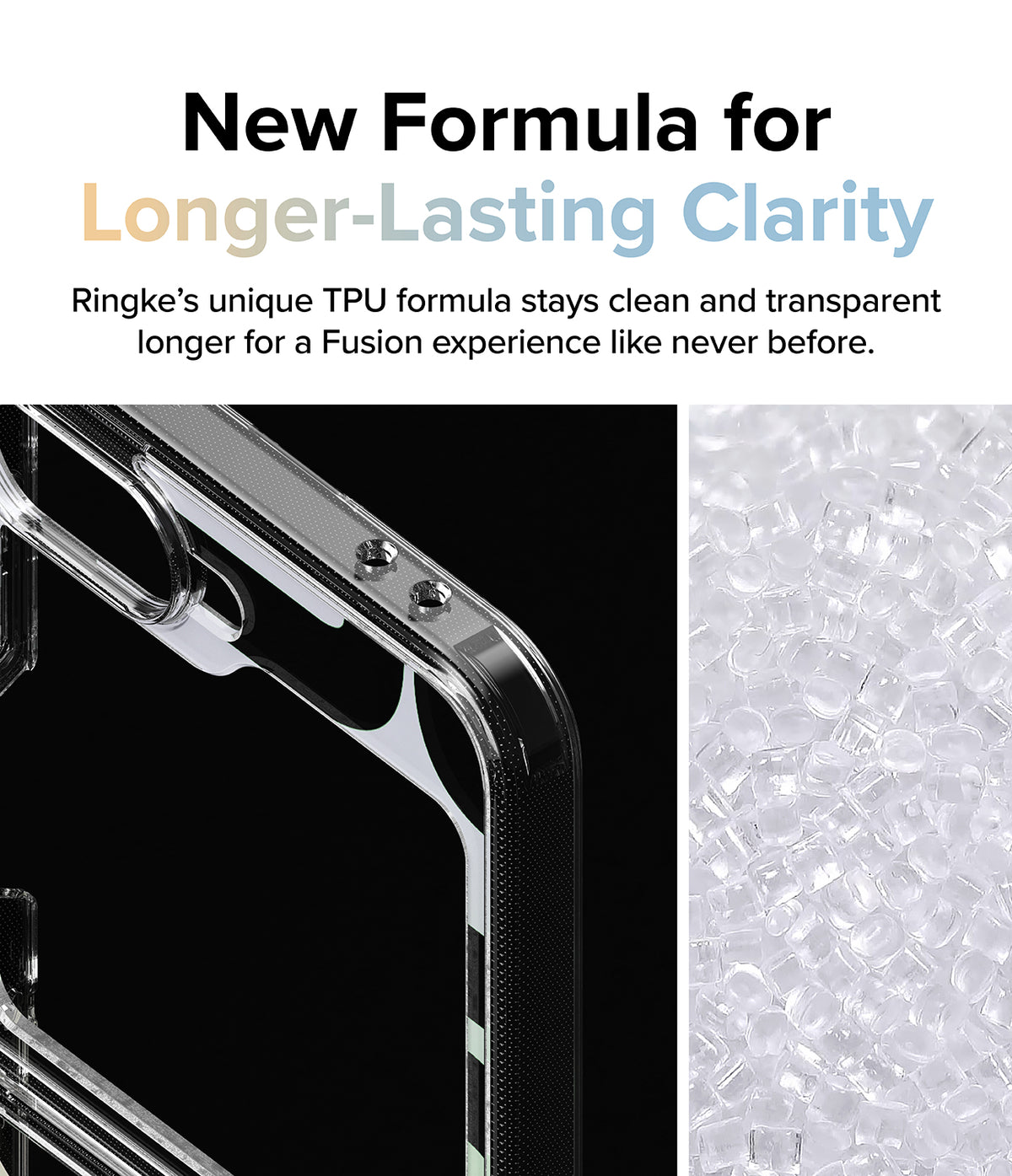 Galaxy Z Flip 7 FE Case | Fusion Design - Clear phone case corner detail next to a pile of raw TPU plastic pellets.