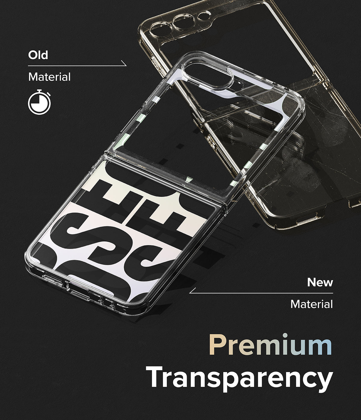 Galaxy Z Flip 7 FE Case | Fusion Design - Comparison of old yellowed phone case vs new clear premium material case.