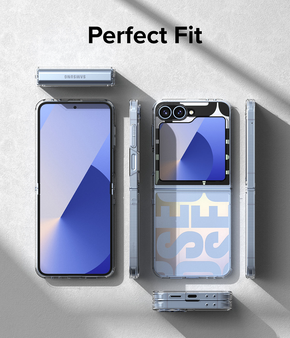 Galaxy Z Flip 7 FE Case | Fusion Design - Exploded view of a clear phone case on a Galaxy Z Flip showing precise cutouts.