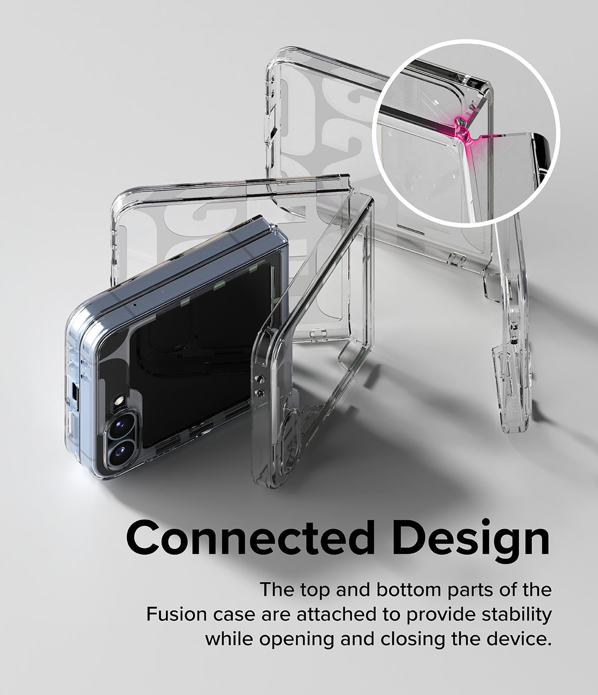 Galaxy Z Flip 7 FE Case | Fusion Design - Clear phone case with a connected hinge design highlighted by a circular zoom.