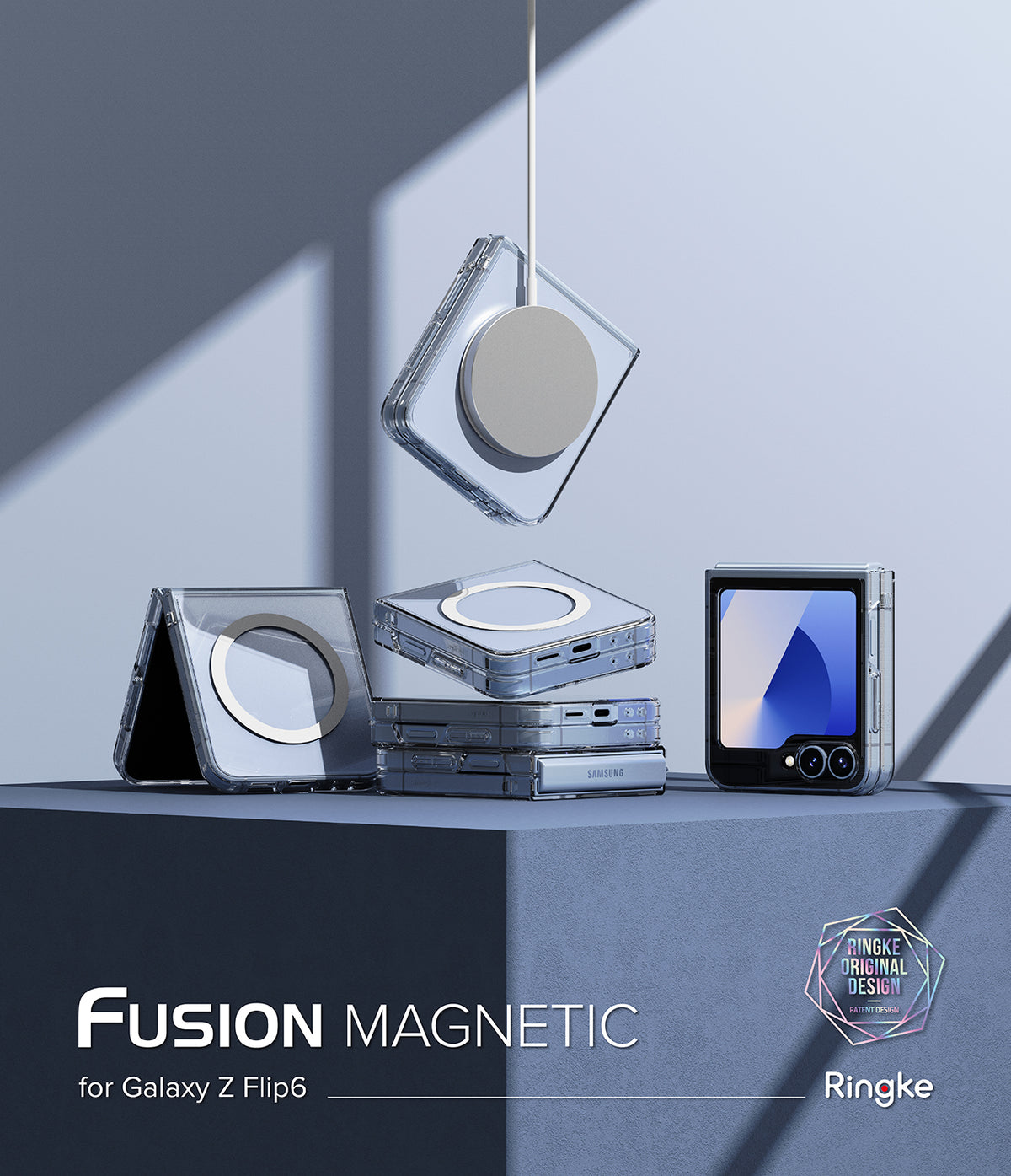 Galaxy Z Flip 6 Case | Fusion Magnetic - Clear magnetic cases for Galaxy Z Flip 6 stacked and floating on a blue pedestal.