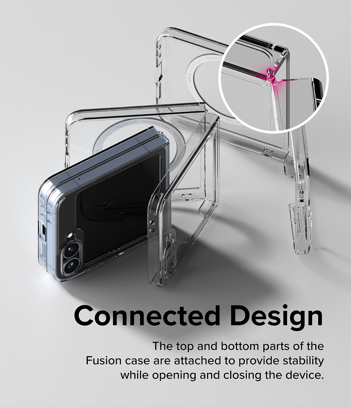 Galaxy Z Flip 7 FE Case | Fusion Magnetic - Clear phone case with a connected hinge design shown in a close-up circle.