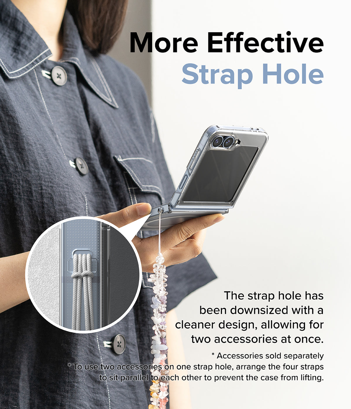Galaxy Z Flip 7 FE Case | Fusion Magnetic - Person holding a phone with a close-up inset showing a dual-strap hole.