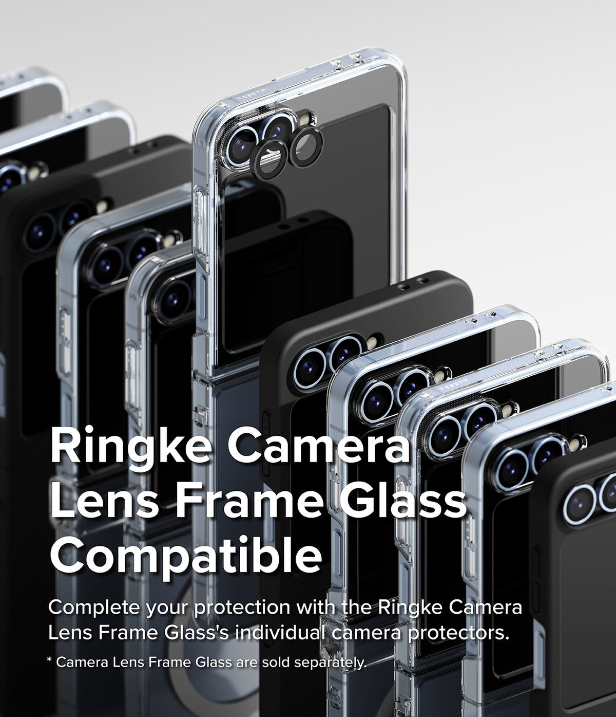 Galaxy Z Flip 7 FE Case | Fusion Magnetic - Multiple Galaxy Z Flip phones in clear and black cases with camera protectors.