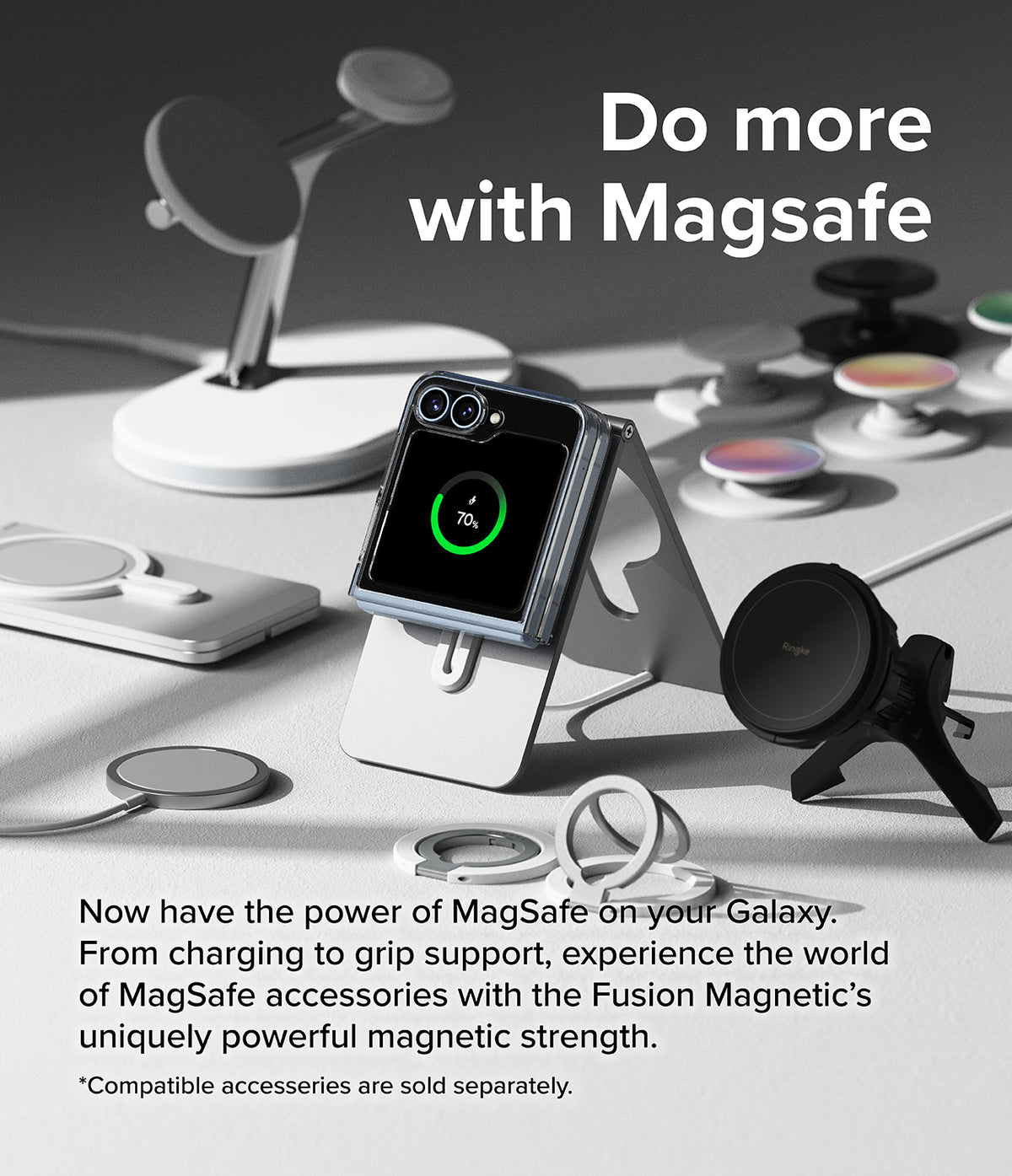 Galaxy Z Flip 7 FE Case | Fusion Magnetic - Foldable phone in a magnetic case charging on a stand with various accessories.