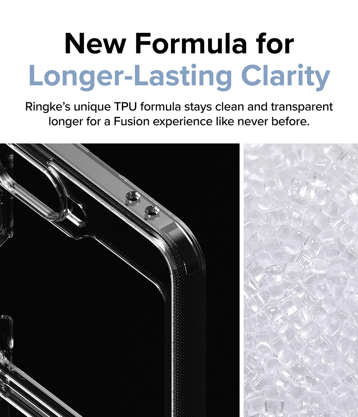 Galaxy Z Flip 7 FE Case | Fusion Magnetic - Close-up of a clear phone case corner next to raw TPU material pellets.