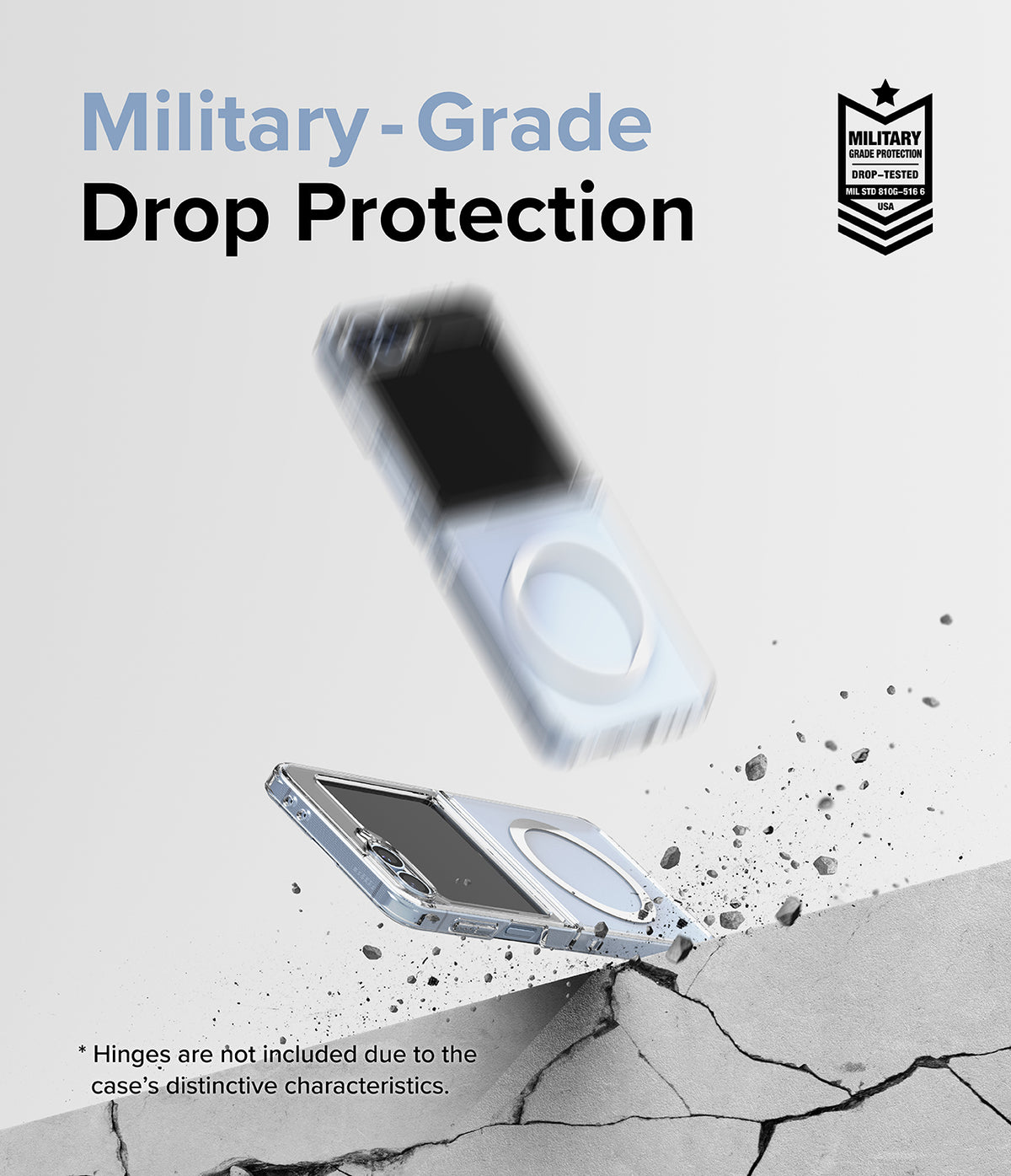 Galaxy Z Flip 7 FE Case | Fusion Magnetic - A clear phone case falling onto a cracked surface with military-grade protection.