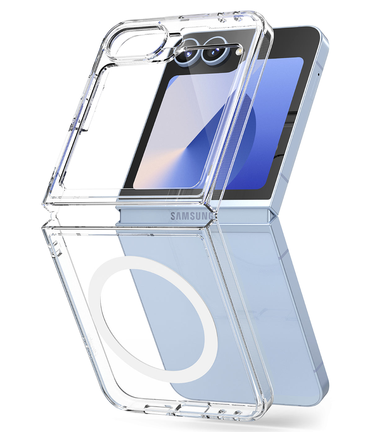 Galaxy Z Flip 6 Case | Fusion Magnetic - Clear two-piece magnetic case on a light blue Samsung Galaxy Z Flip 6.